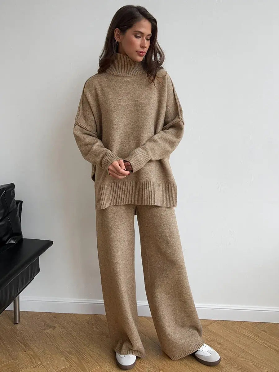 Knitted Lounge Set with Turtleneck Sweater and Wide Leg Pants