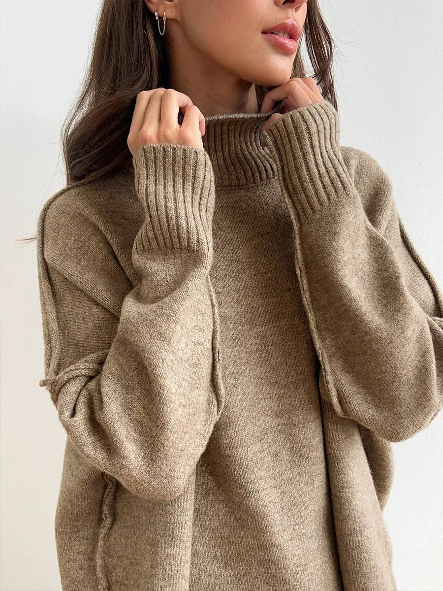 Knitted Lounge Set with Turtleneck Sweater and Wide Leg Pants