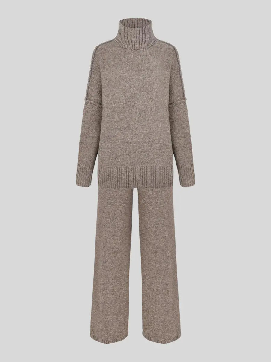 Knitted Lounge Set with Turtleneck Sweater and Wide Leg Pants