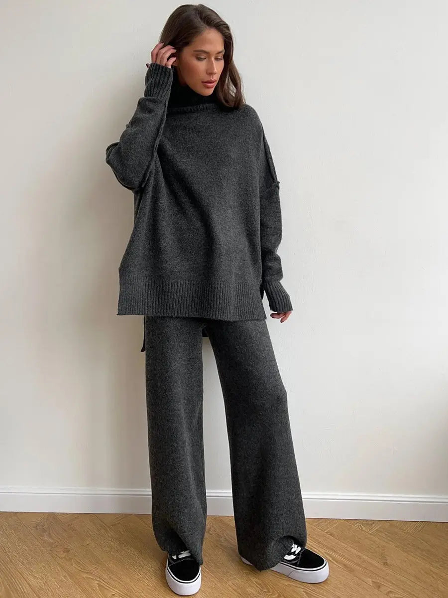 Knitted Lounge Set with Turtleneck Sweater and Wide Leg Pants