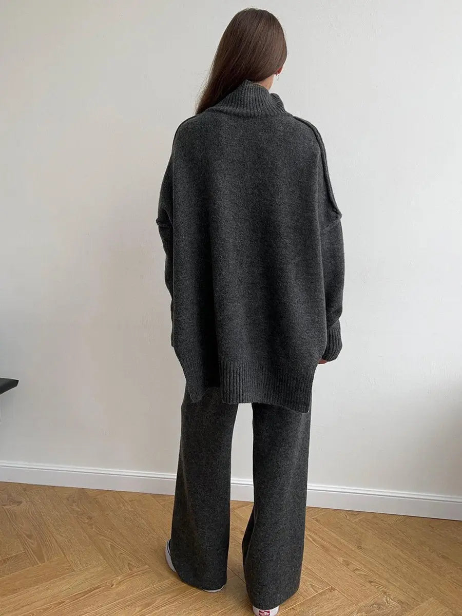 Knitted Lounge Set with Turtleneck Sweater and Wide Leg Pants