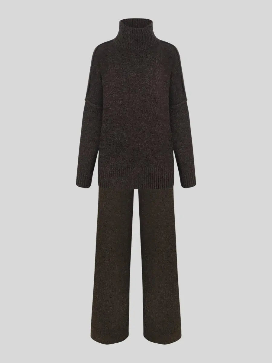 Knitted Lounge Set with Turtleneck Sweater and Wide Leg Pants