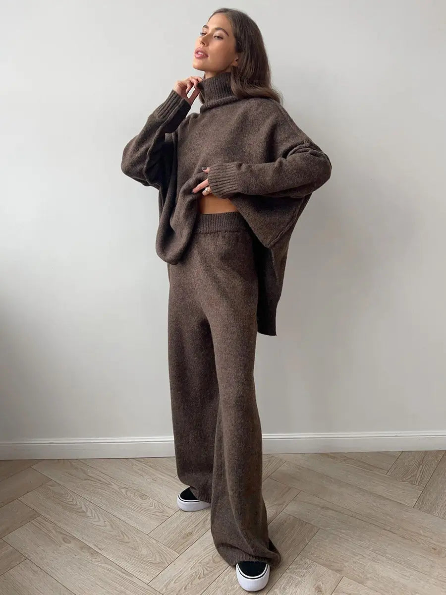 Knitted Lounge Set with Turtleneck Sweater and Wide Leg Pants