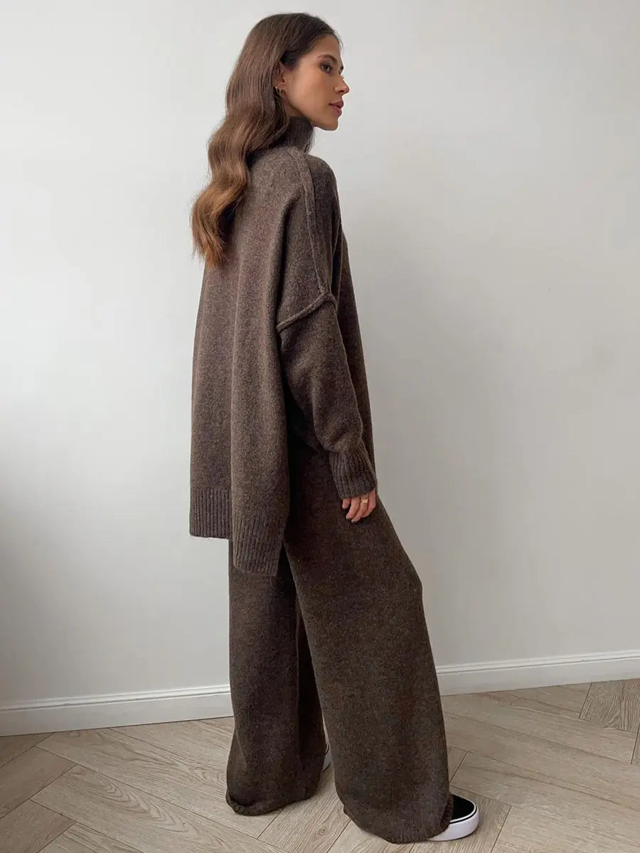 Knitted Lounge Set with Turtleneck Sweater and Wide Leg Pants