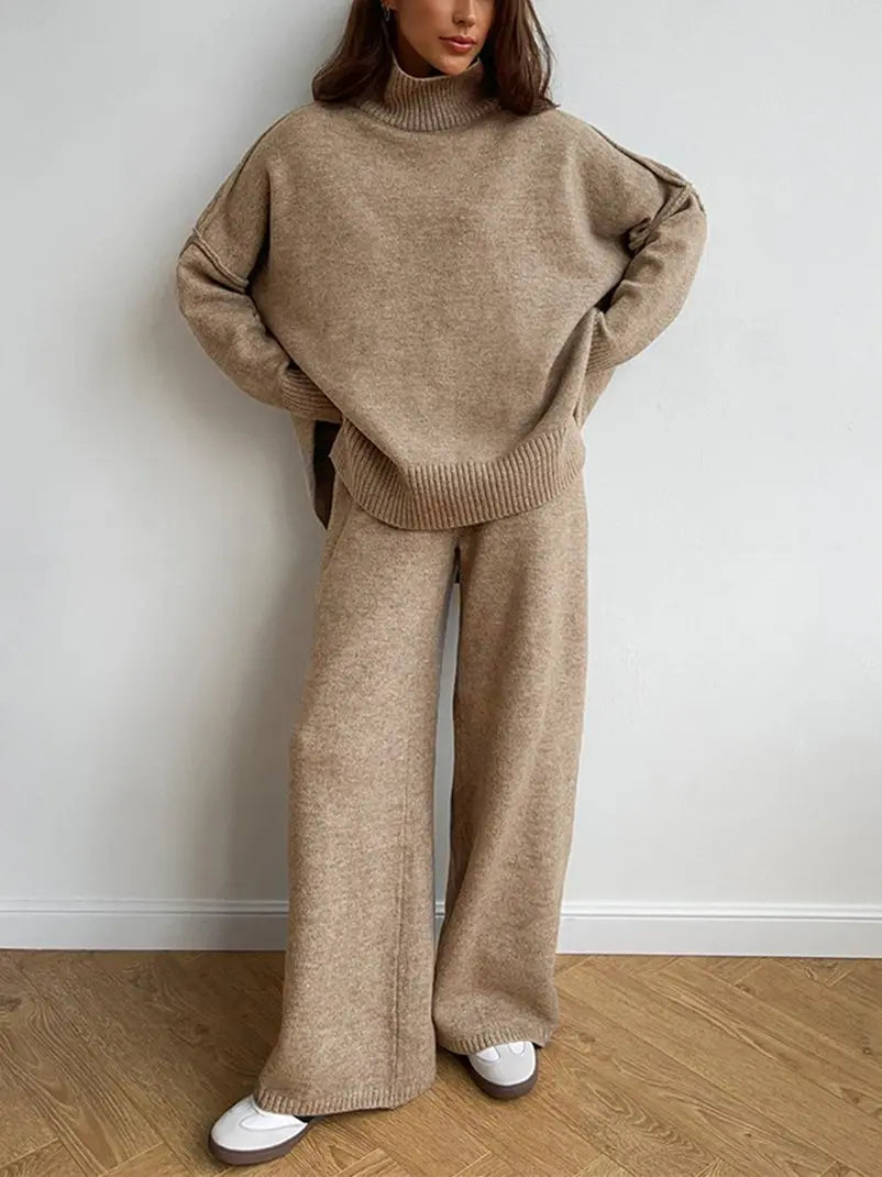 Knitted Lounge Set with Turtleneck Sweater and Wide Leg Pants