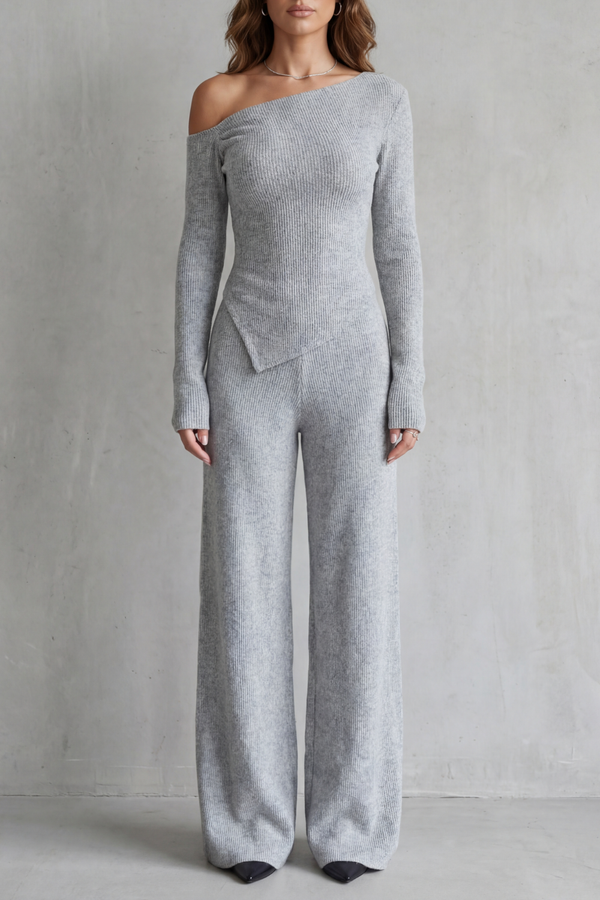 Lunavie Asymmetric Knit Lounge Set | Women's Wide-Leg Two-Piece