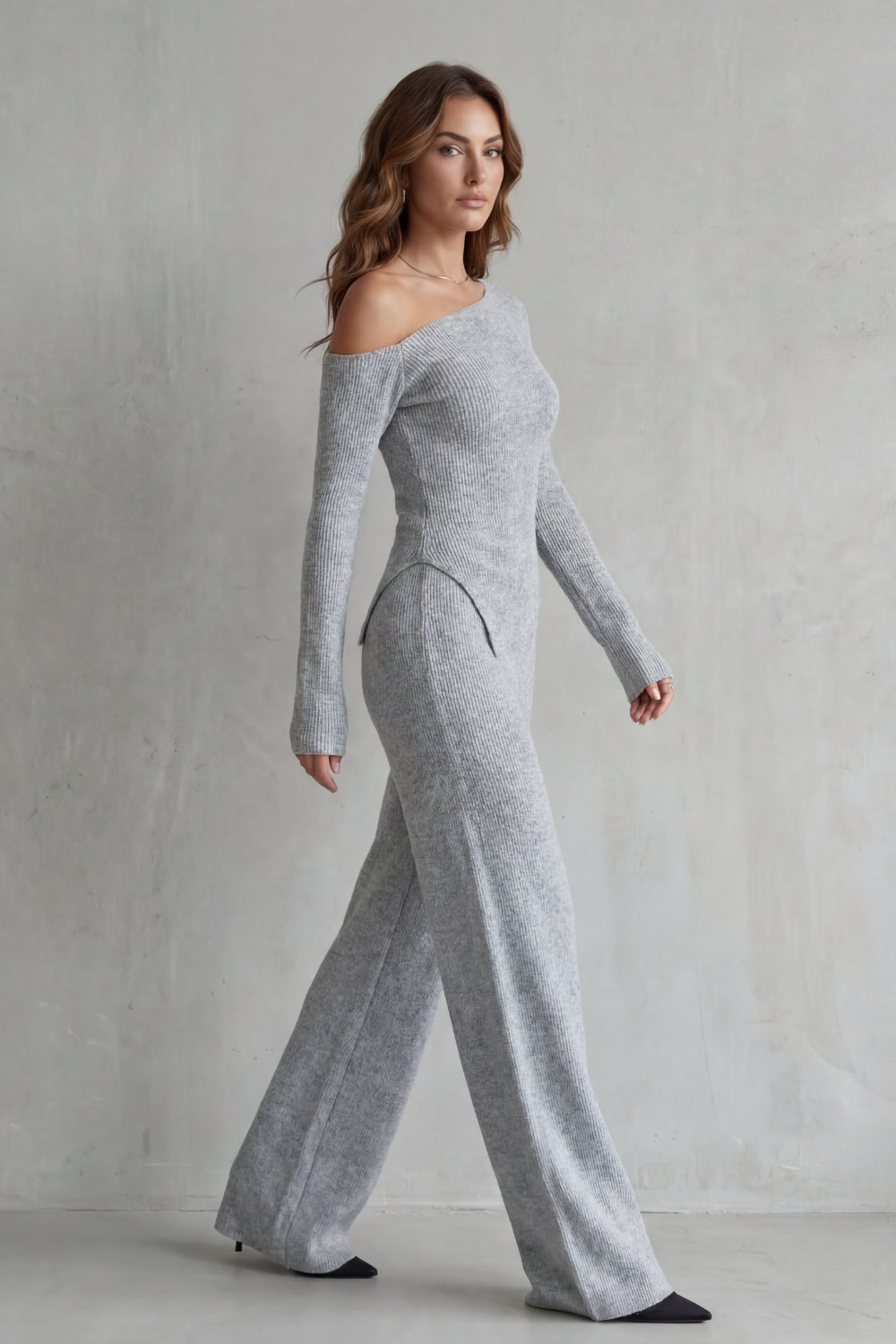 Lunavie Asymmetric Knit Lounge Set | Women's Wide-Leg Two-Piece