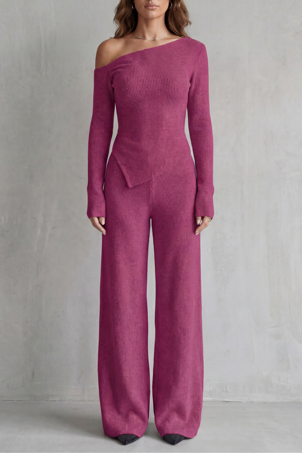 Lunavie Asymmetric Knit Lounge Set | Women's Wide-Leg Two-Piece