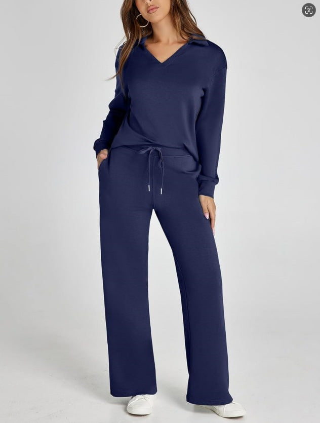 Women's Two-Piece Lounge Set Zip Neck Wide Leg
