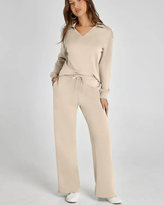 Women's Two-Piece Lounge Set Zip Neck Wide Leg