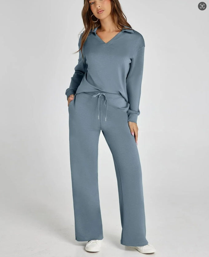 Women's Two-Piece Lounge Set Zip Neck Wide Leg