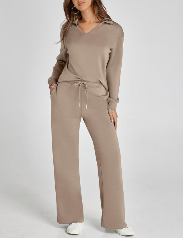 Women's Two-Piece Lounge Set Zip Neck Wide Leg