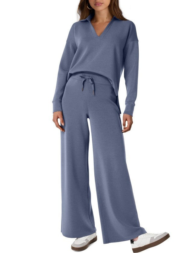 Women's Two-Piece Lounge Set Zip Neck Wide Leg