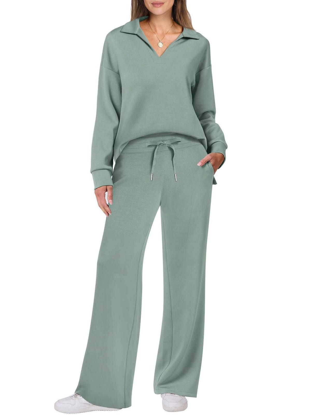 Women's Two-Piece Lounge Set Zip Neck Wide Leg