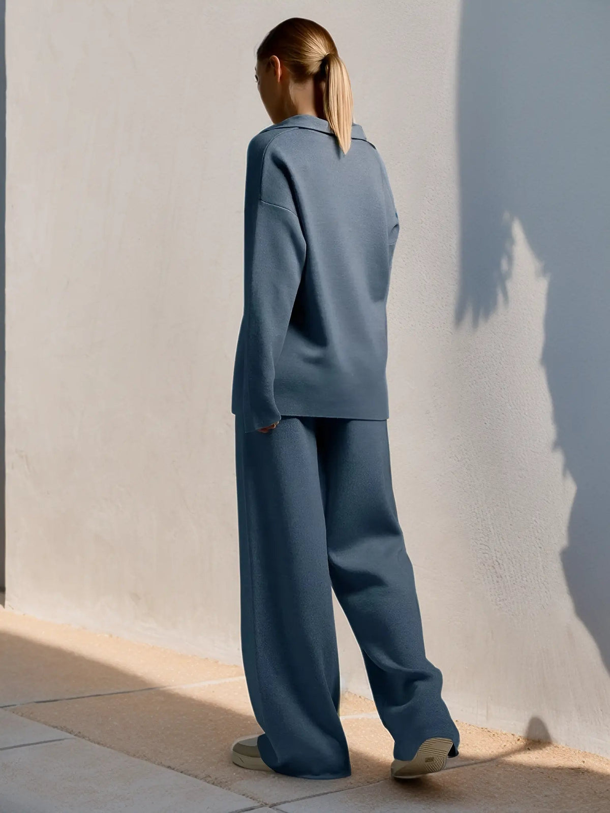 Minimalist Lounge Set with Open Collar Top and Wide Leg Pants