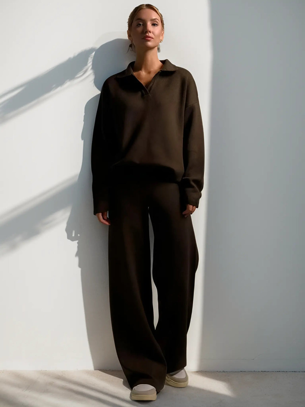 Minimalist Lounge Set with Open Collar Top and Wide Leg Pants