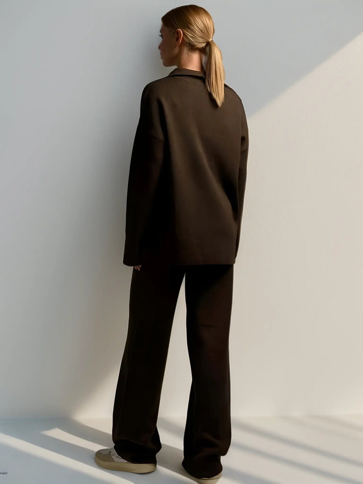 Minimalist Lounge Set with Open Collar Top and Wide Leg Pants
