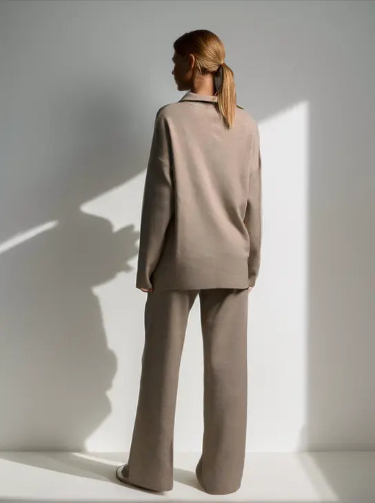 Minimalist Lounge Set with Open Collar Top and Wide Leg Pants