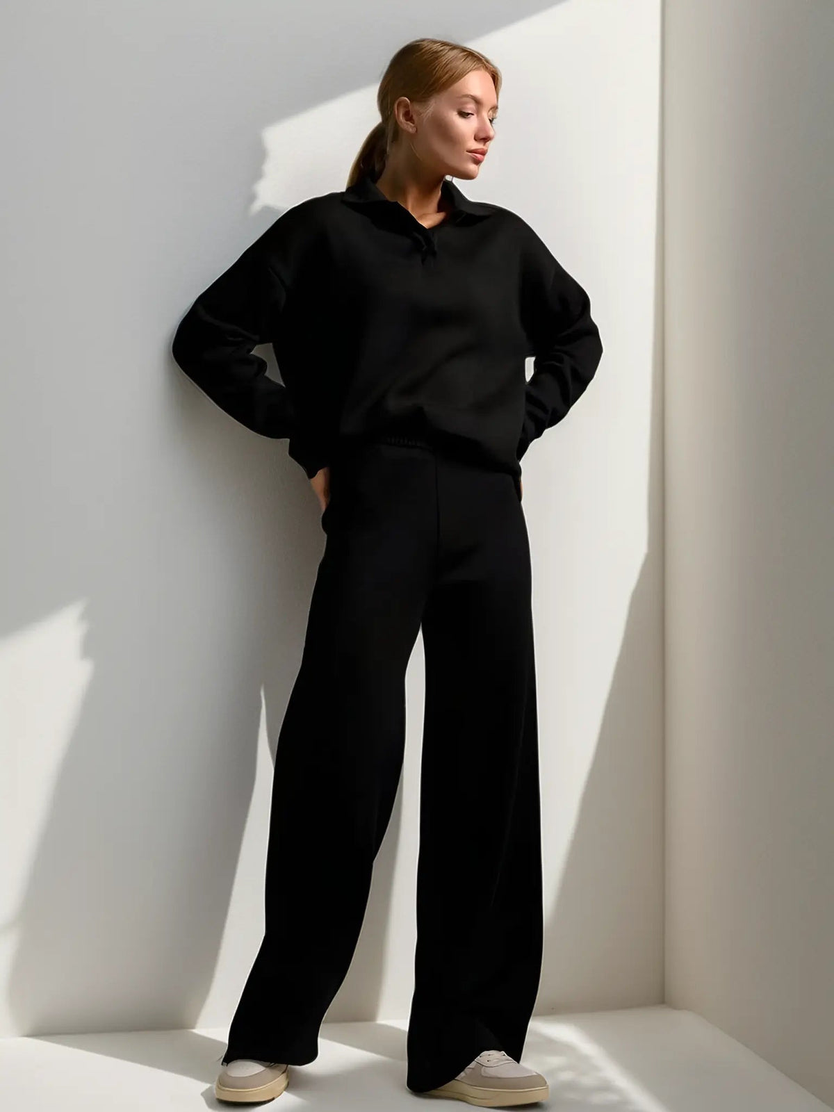 Minimalist Lounge Set with Open Collar Top and Wide Leg Pants