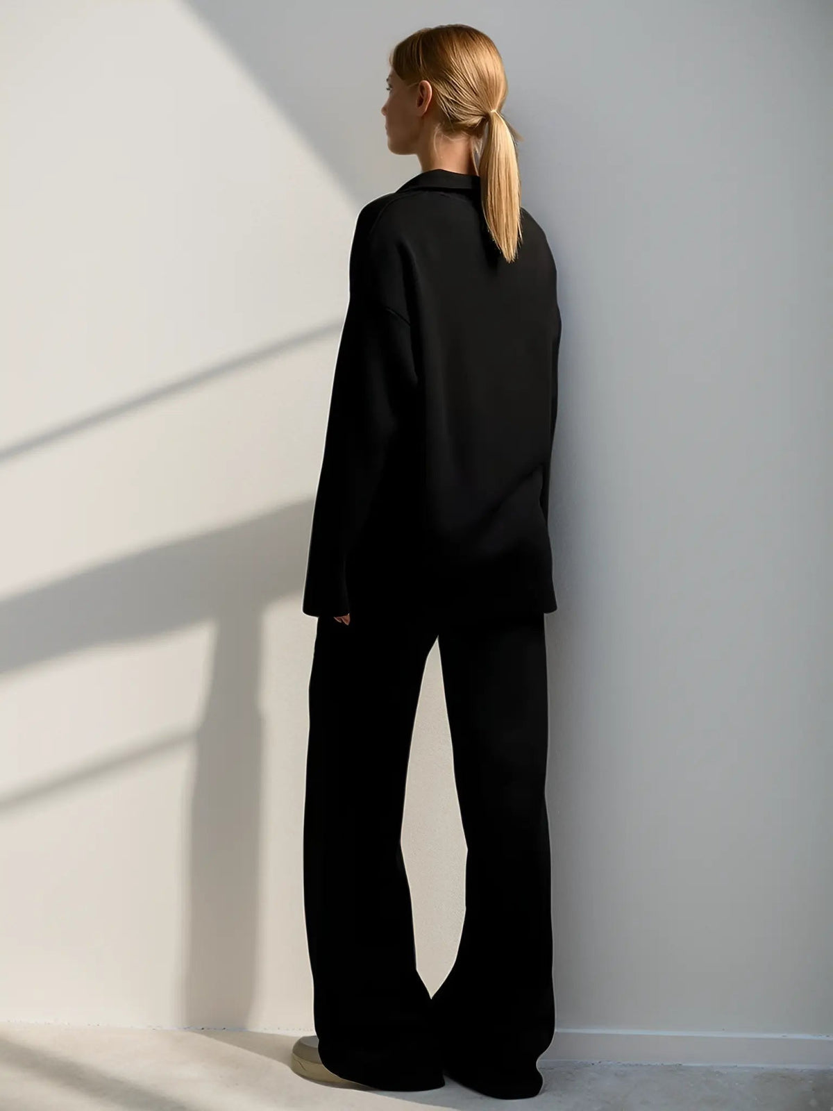 Minimalist Lounge Set with Open Collar Top and Wide Leg Pants
