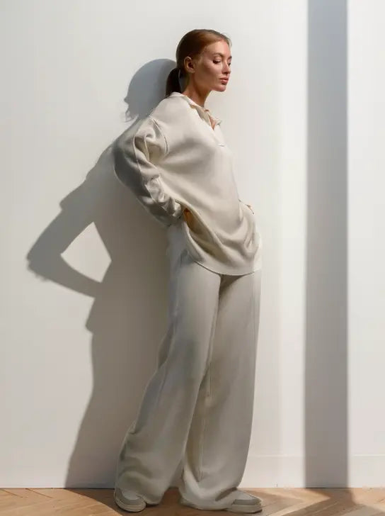 Minimalist Lounge Set with Open Collar Top and Wide Leg Pants