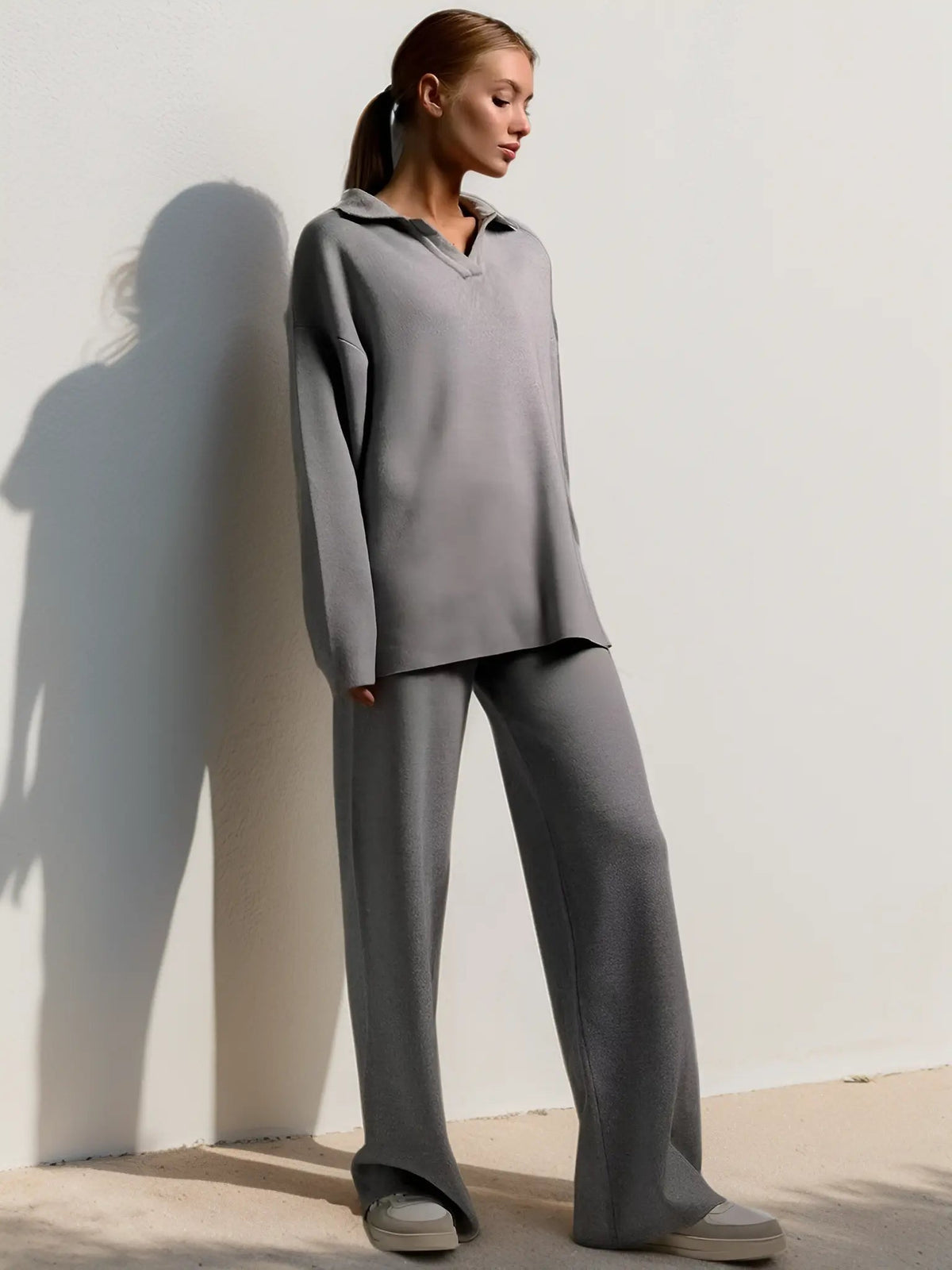 Minimalist Lounge Set with Open Collar Top and Wide Leg Pants