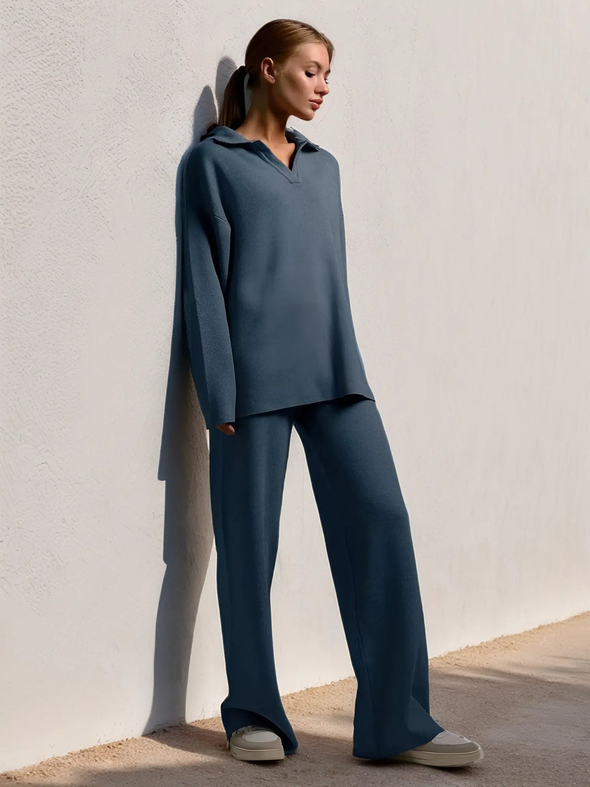 Minimalist Lounge Set with Open Collar Top and Wide Leg Pants