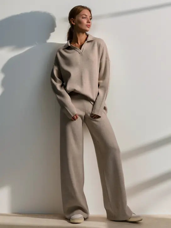 Minimalist Lounge Set with Open Collar Top and Wide Leg Pants