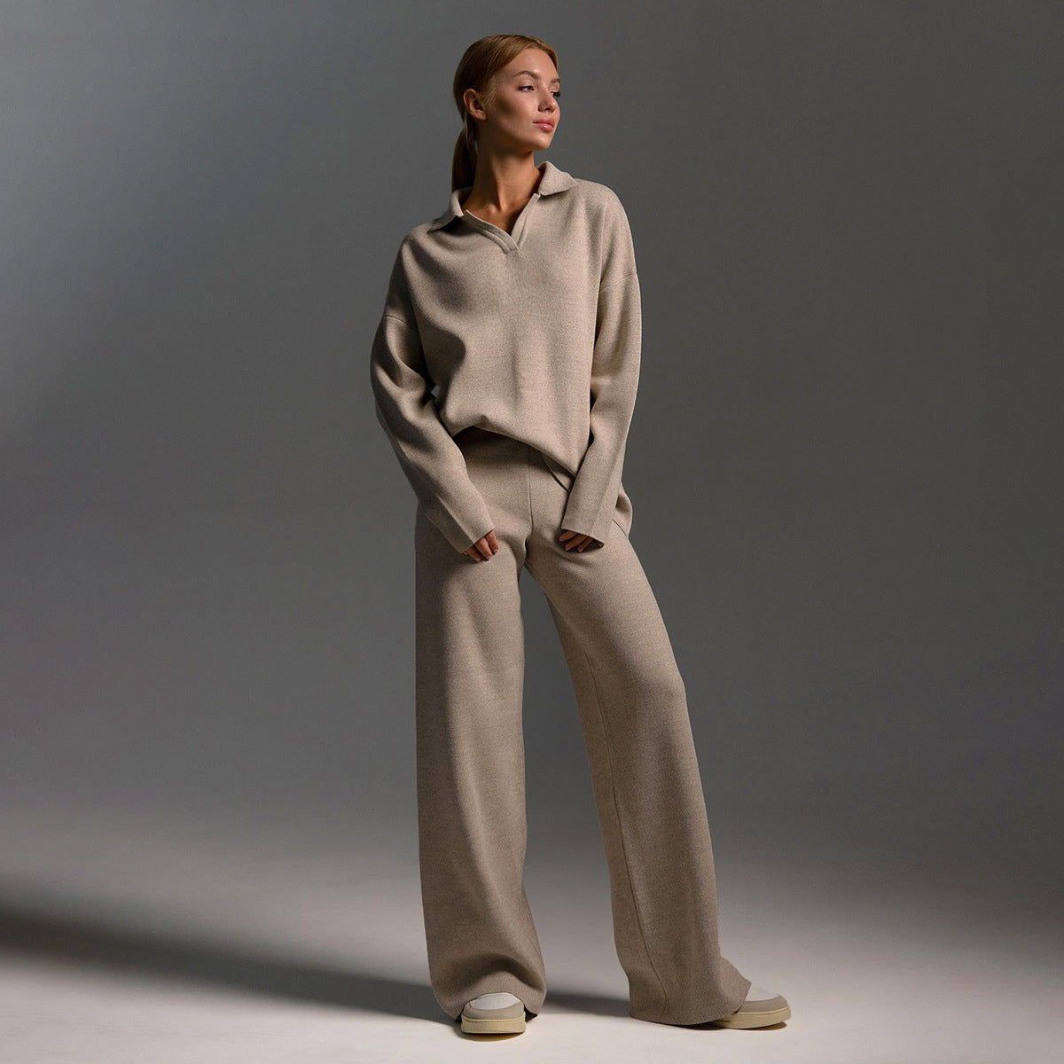 Indy | Women's Lounge Set with Oversized Polo Sweater and Wide Leg Trousers in Sand Colour