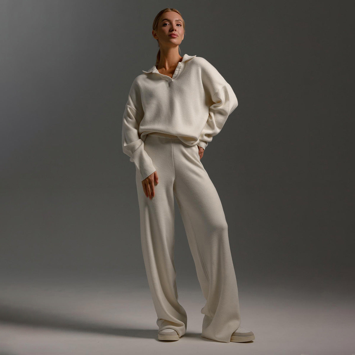 Indy | Women's Lounge Set with Oversized Polo Sweater and Wide Leg Trousers in Sand Colour