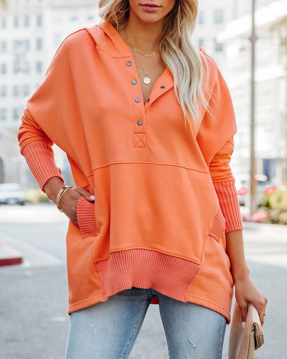 Oversized Hoodie with Snap Placket and Ribbed Sleeves