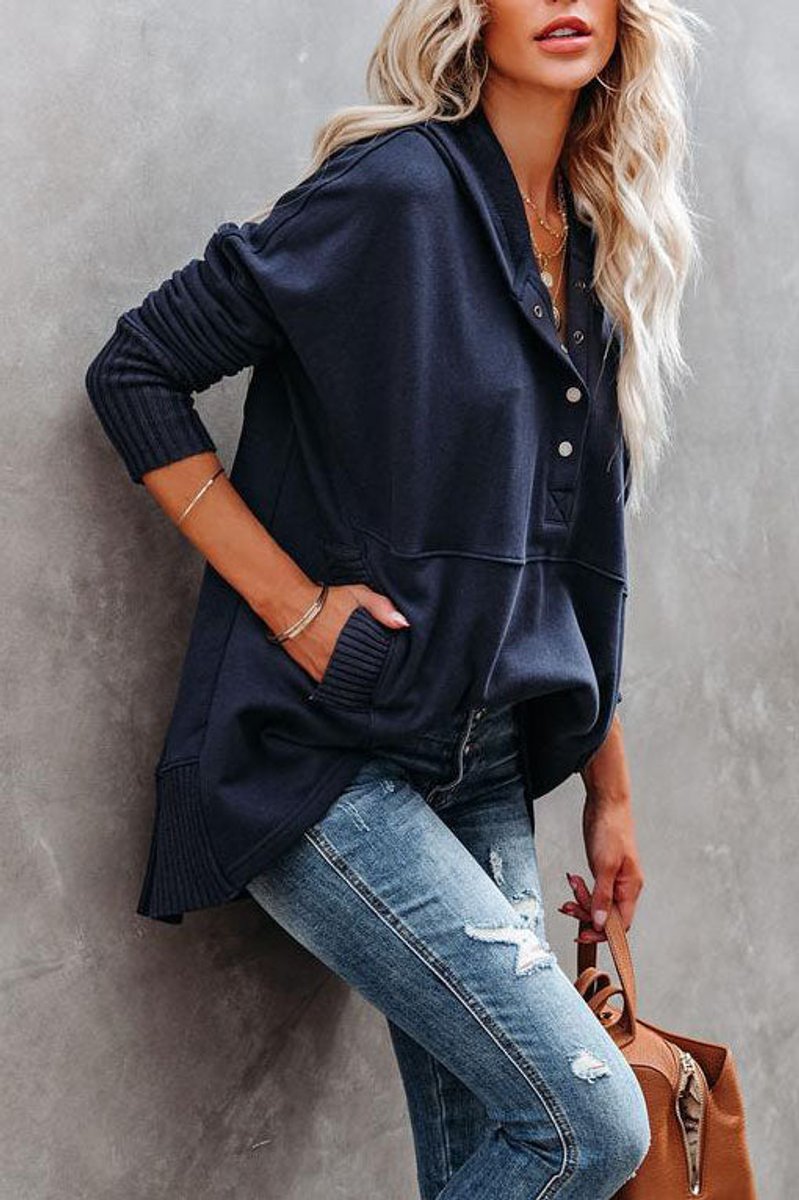 Oversized Hoodie with Snap Placket and Ribbed Sleeves