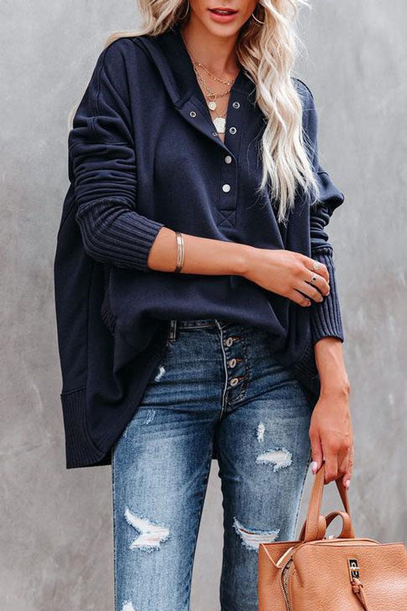 Oversized Hoodie with Snap Placket and Ribbed Sleeves
