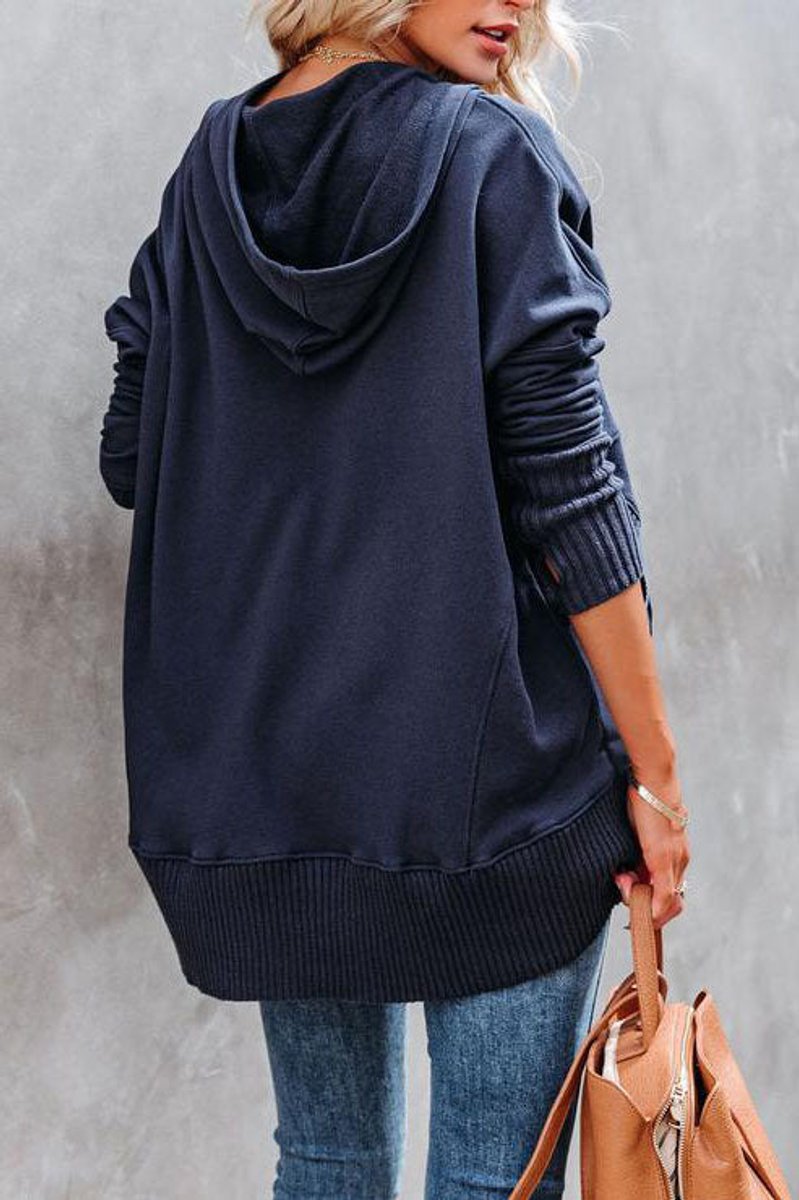 Oversized Hoodie with Snap Placket and Ribbed Sleeves