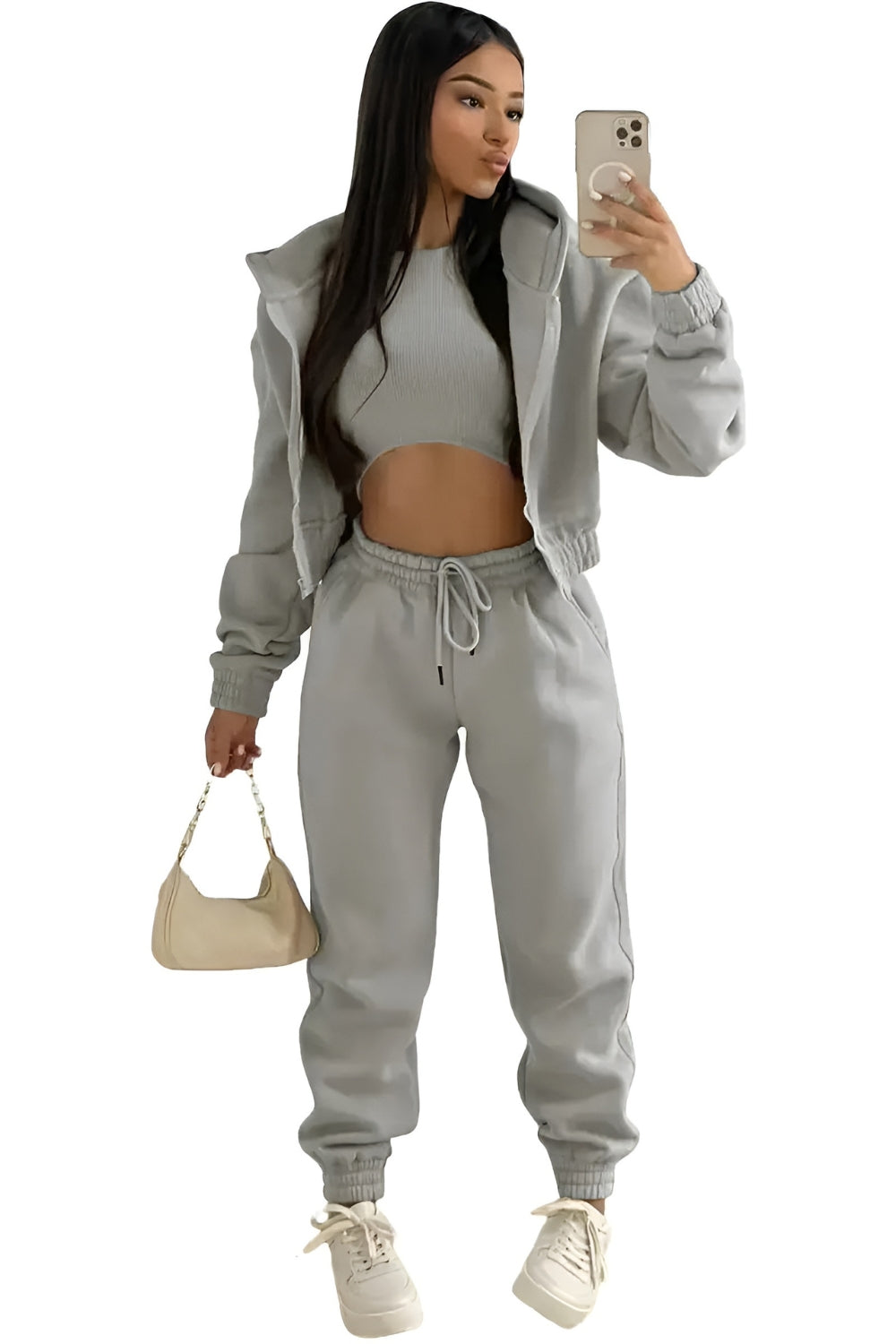 Three Piece Lounge Set with Cropped Hoodie and Joggers