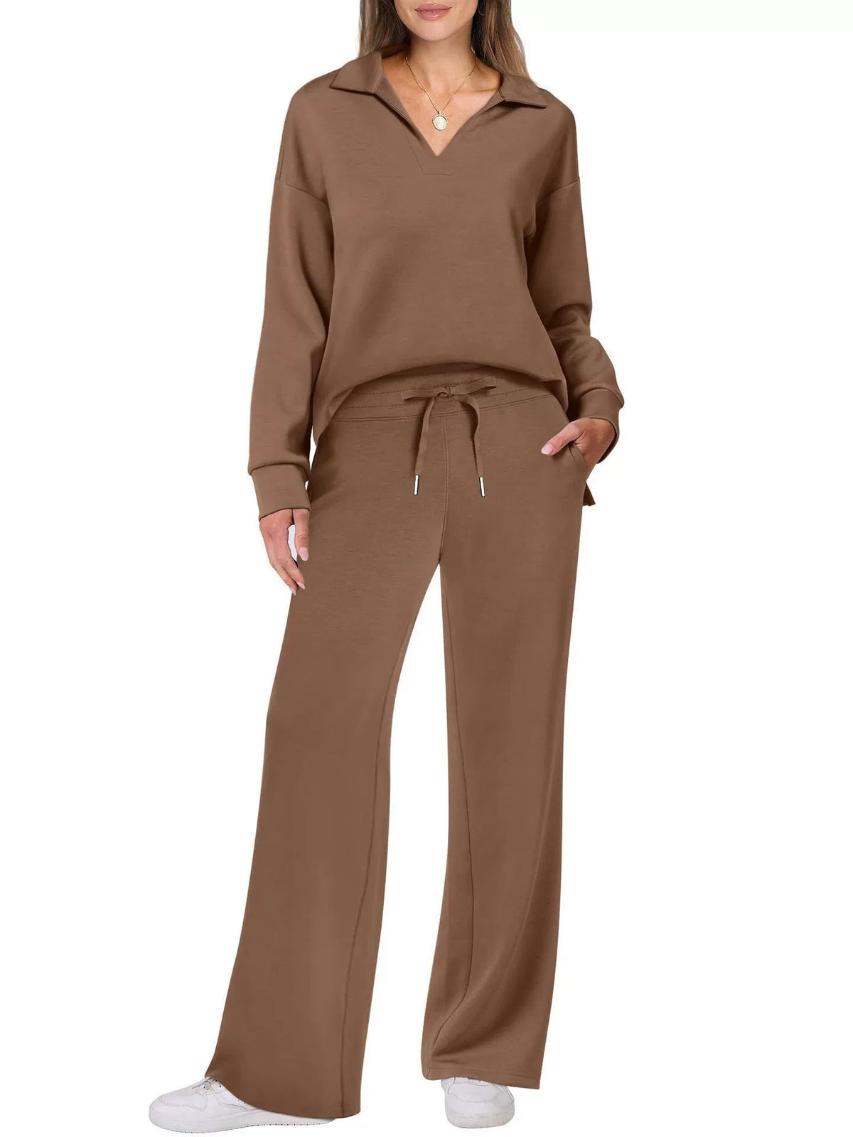 Two-Piece Loungewear Set with V-Neck Top and Wide-Leg Trousers