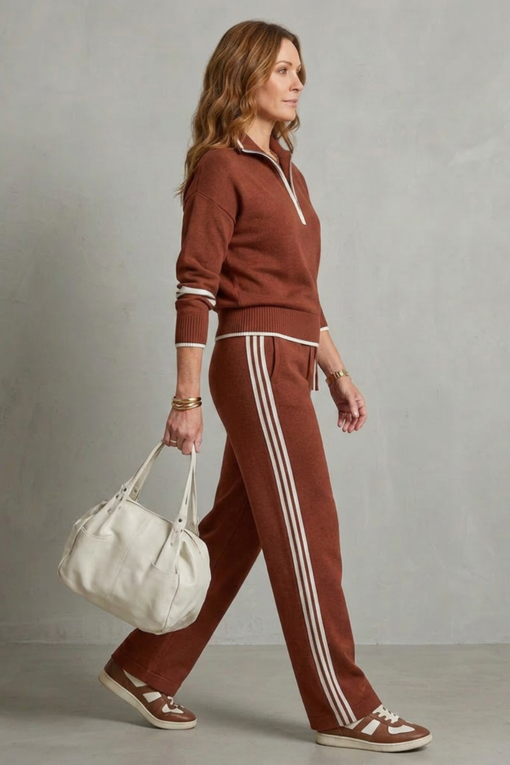 Vallora Zip-Neck Contrast Lounge Set | Women's Wide-Leg Two-Piece
