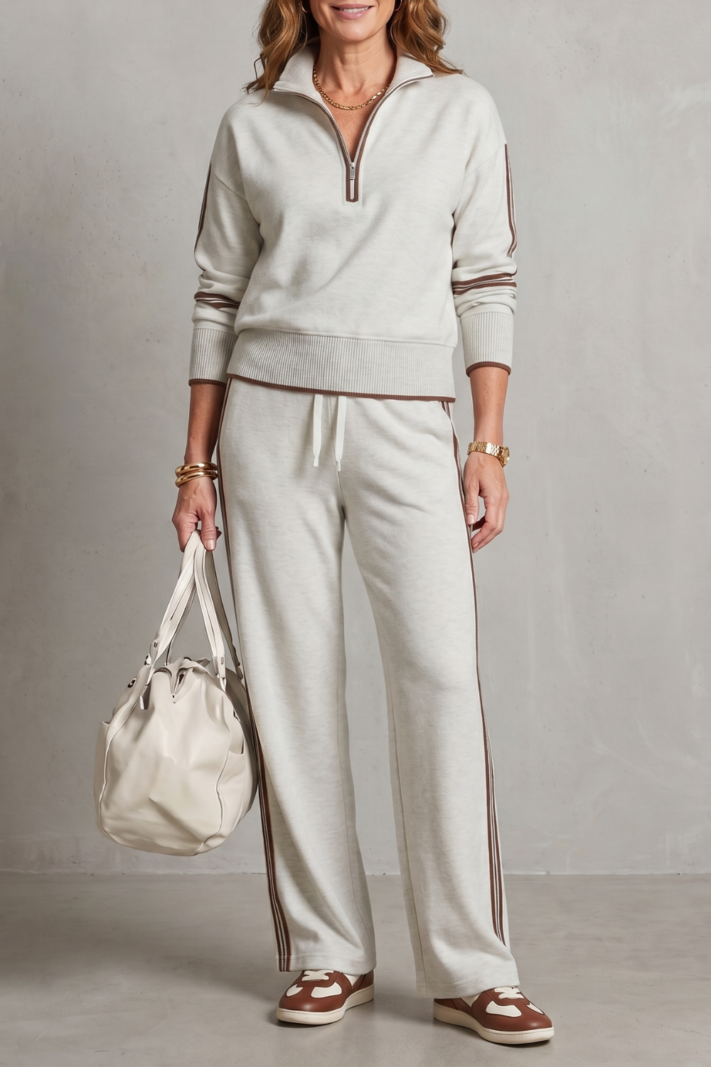 Vallora Zip-Neck Contrast Lounge Set | Women's Wide-Leg Two-Piece