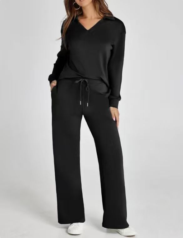 Women's Two-Piece Lounge Set Zip Neck Wide Leg