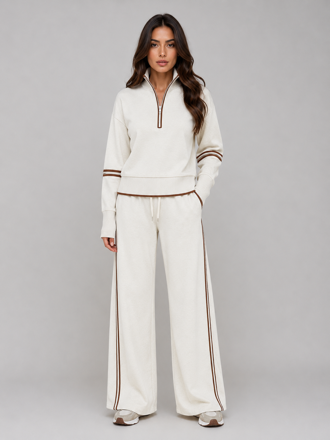 Women's Half Zip Lounge Set – Relaxed Two-Piece Wide Leg Tracksuit