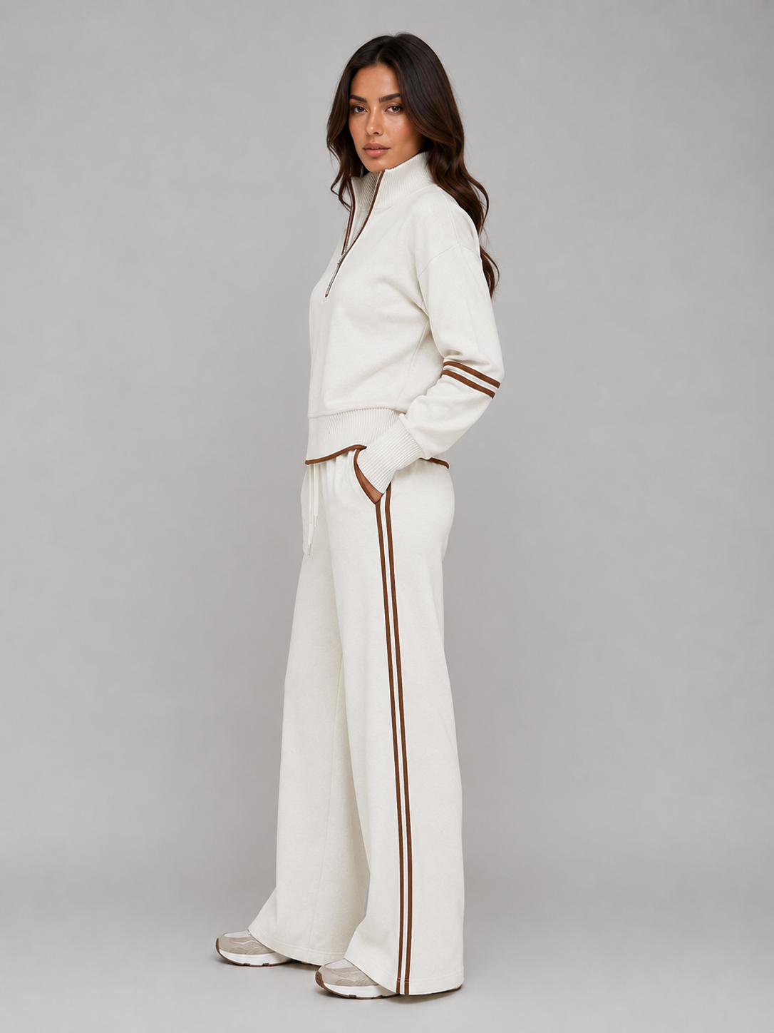 Women's Half Zip Lounge Set – Relaxed Two-Piece Wide Leg Tracksuit