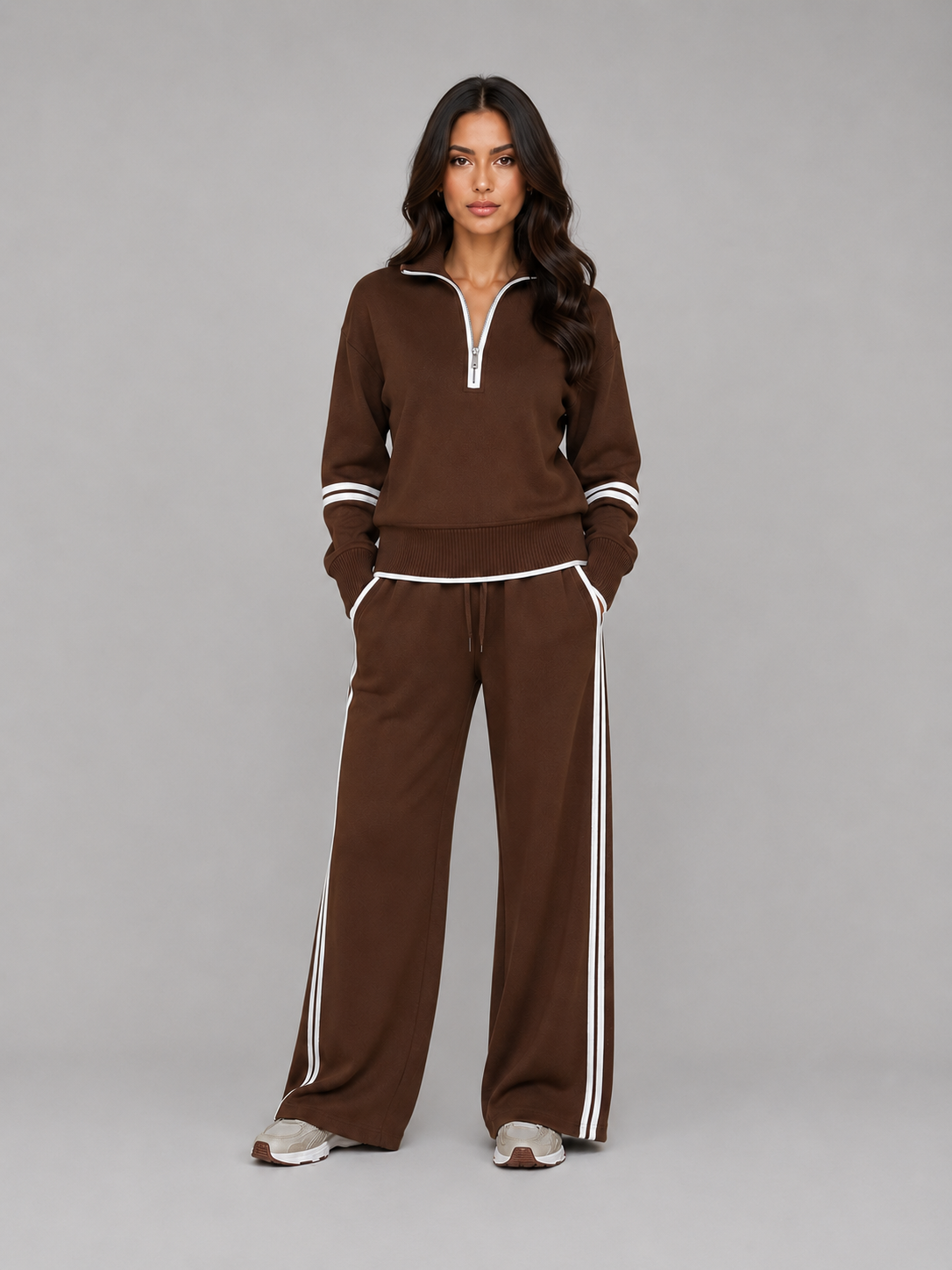 Women's Half Zip Lounge Set – Relaxed Two-Piece Wide Leg Tracksuit
