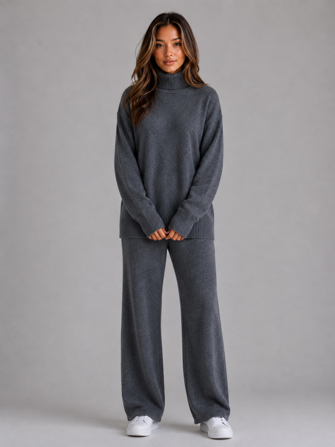 Women's Oversized Knitted Lounge Set – Roll Neck Jumper & Wide Leg Trousers