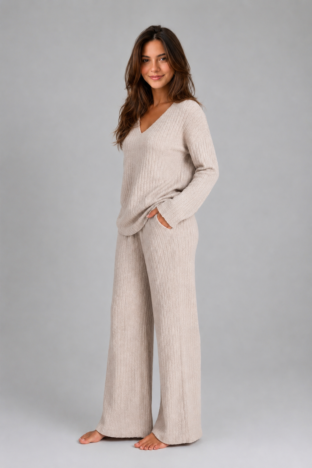 Tessa Ribbed Knit V-Neck Co-Ord | Women's Wide-Leg Set