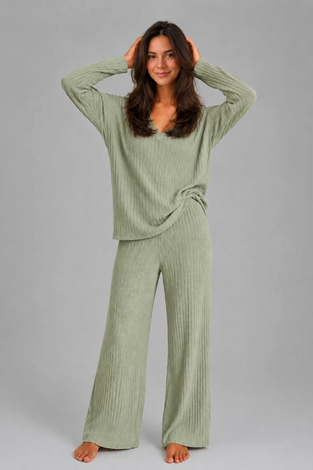 Tessa Ribbed Knit V-Neck Co-Ord | Women's Wide-Leg Set