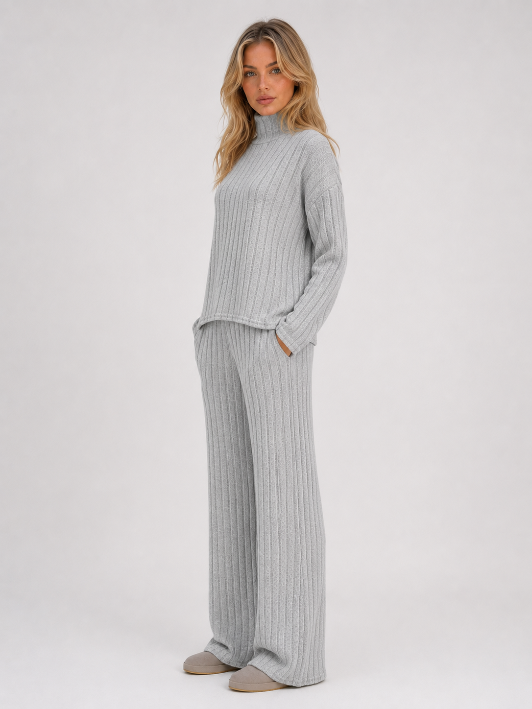 Women's Ribbed Knitted Lounge Set – Roll Neck Jumper & Wide Leg Trousers