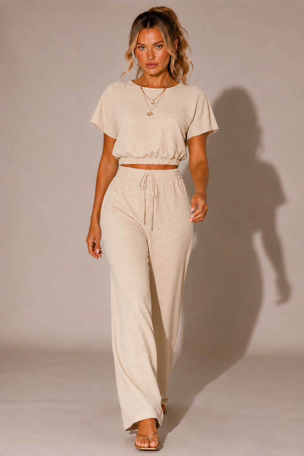 Beige Wide Leg Lounge Set