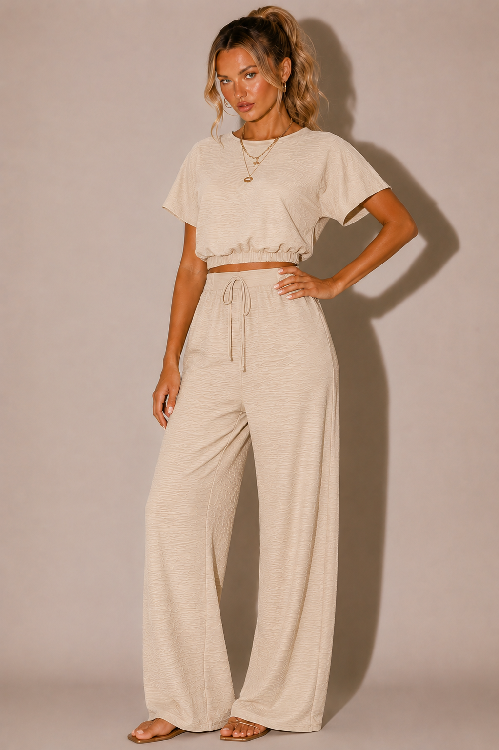 Beige Wide Leg Lounge Set