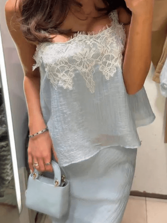Celeste Lace-Spliced Midi Set | Women's Crop Top & Skirt