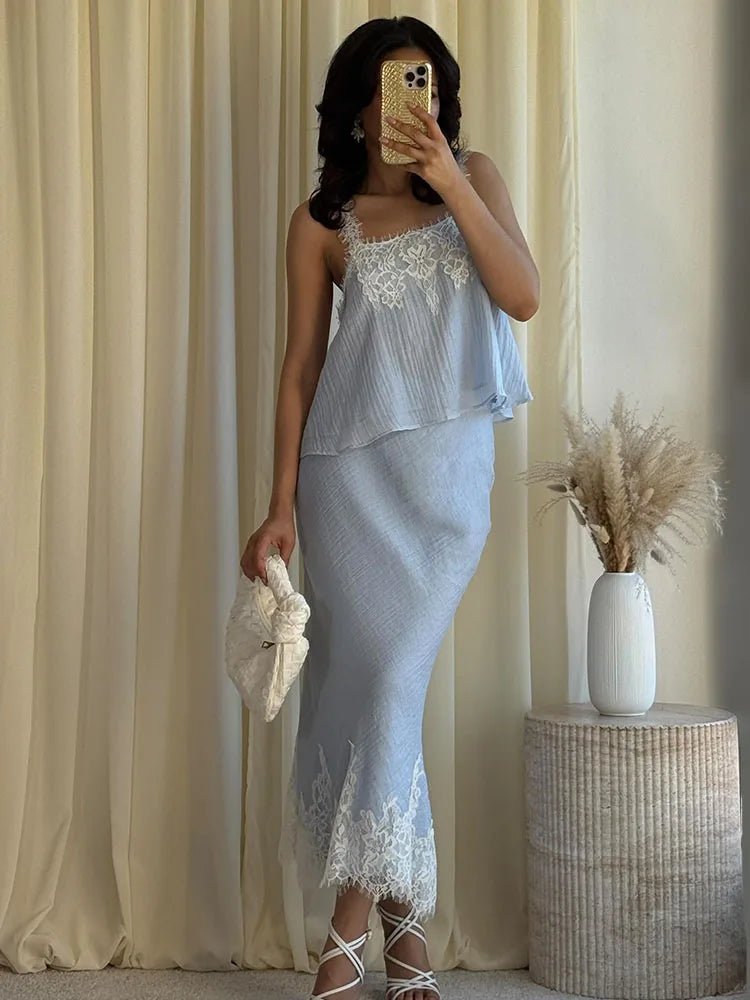 Celeste Lace-Spliced Midi Set | Women's Crop Top & Skirt